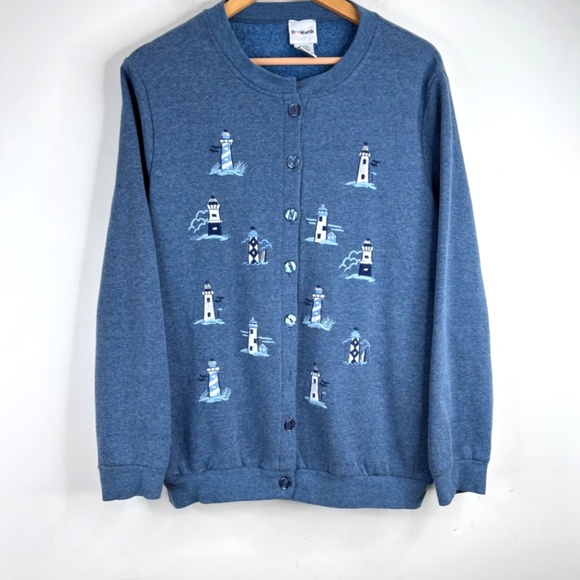 VTG BonWorth Embroidered Lighthouse Cardigan L Button Up Coastal Grandma Granny - Picture 1 of 9